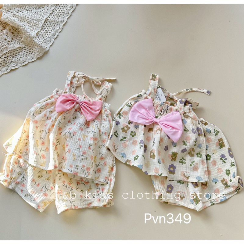 NT214 Bộ hai dây đính nơ dễ thương có dây buộc phía sau vải xô Muslin cho bé gái