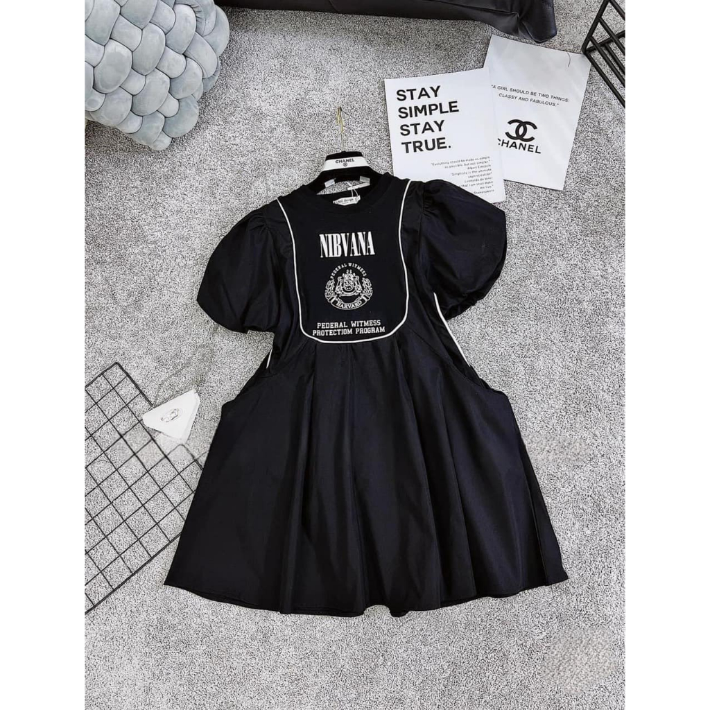 Váy zip baby tay bồng in chữ ngực 2 màu