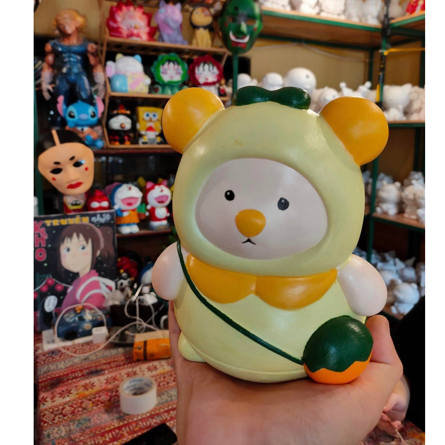 Tượng thạch cao tô màu gấu béo đeo túi chéo size lớn- Tượng tô màu cho bé tặng kèm cọ và màu vẽ acrylic