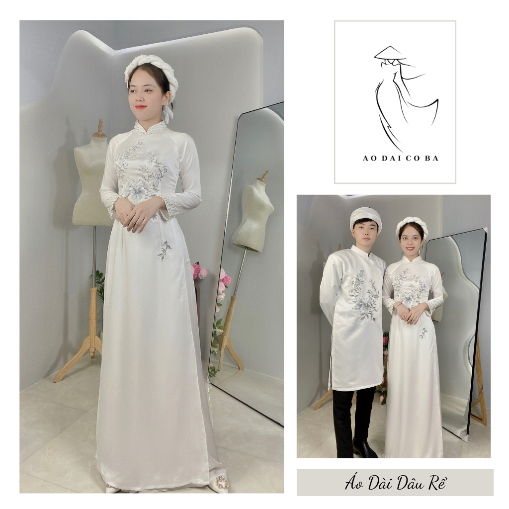 Áo Dài Cặp Dâu Rể Màu Trắng Đính Kết Tỉ Mỉ(Tặng Kèm Mấn Khi Đặt Cả Bộ)