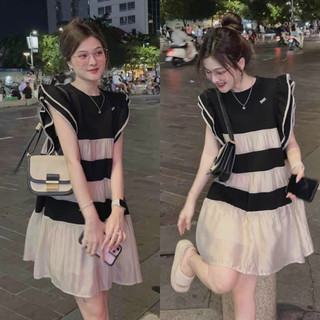 Đầm váy nữ Babydoll tay bèo lụa ý phối voan ánh tơ [Có Phụ Kiện Cài] Sang chảnh dành cho các nàng diện đi chơi, đi tiệc