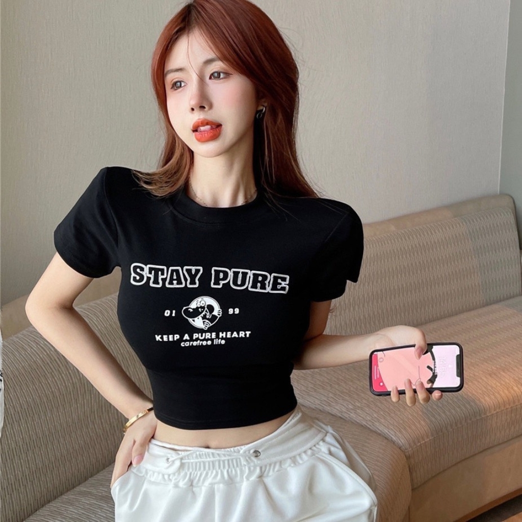 Áo croptop nữ ngắn tay cổ tròn Meei Shop in họa tiết chữ độc đáo, Áo thun kiểu nữ chất borip xịn xò dễ phối đồ -A95-