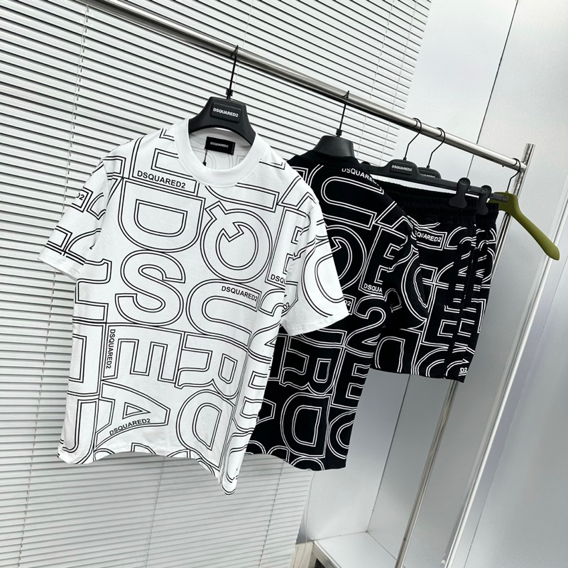 Bộ Đồ Nam Cộc Tay Dsq2 In Hoạ Tiết Chữ Monogram Viền Đen Trắng Cổ Tròn Quần Cạp Chun . Bộ Quần Áo Đi Biển Đi Chơi 2023