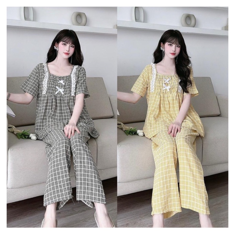 Bộ mặc bầu sau sinh kẻ caro bèo nhún siêu xinh, chất đũi Hàn cao cấp, khoá cho bé ti tiện lợi - BD68