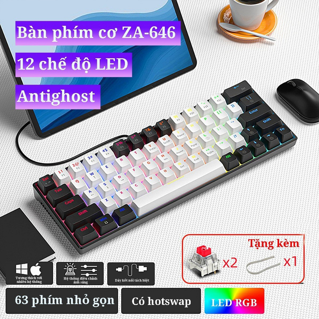 Bàn phím cơ KA6406 led RGB nhiều chế độ, red/blue switch nhỏ gọn tiện dụng sử dụng nhiều thiết bị | BigBuy360 - bigbuy360.vn