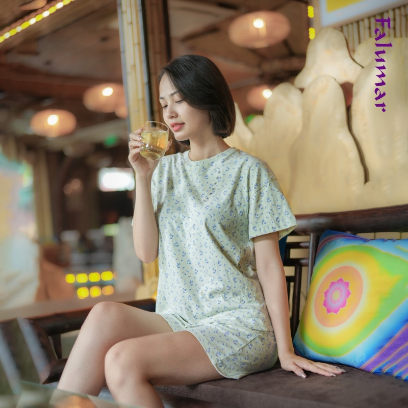 Bộ nữ mặc nhà Falumar, set quần đùi áo cộc tay chất cotton cho thanh niên và trung niên chính hãng