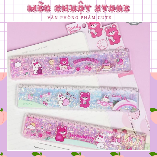 Thước Nhũ Nước Kim Tuyến 20cm Gấu Dâu - Kuromi Cute Đáng Yêu Chất Liệu Nhựa