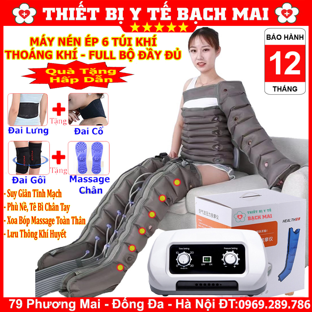 Máy Massage Túi Khí Xoa Bóp Suy Giãn Tĩnh Mạch Chân, Tay, Bụng - 6 Khoang, Thoáng Khí, Đủ Bộ + Quà Tặng