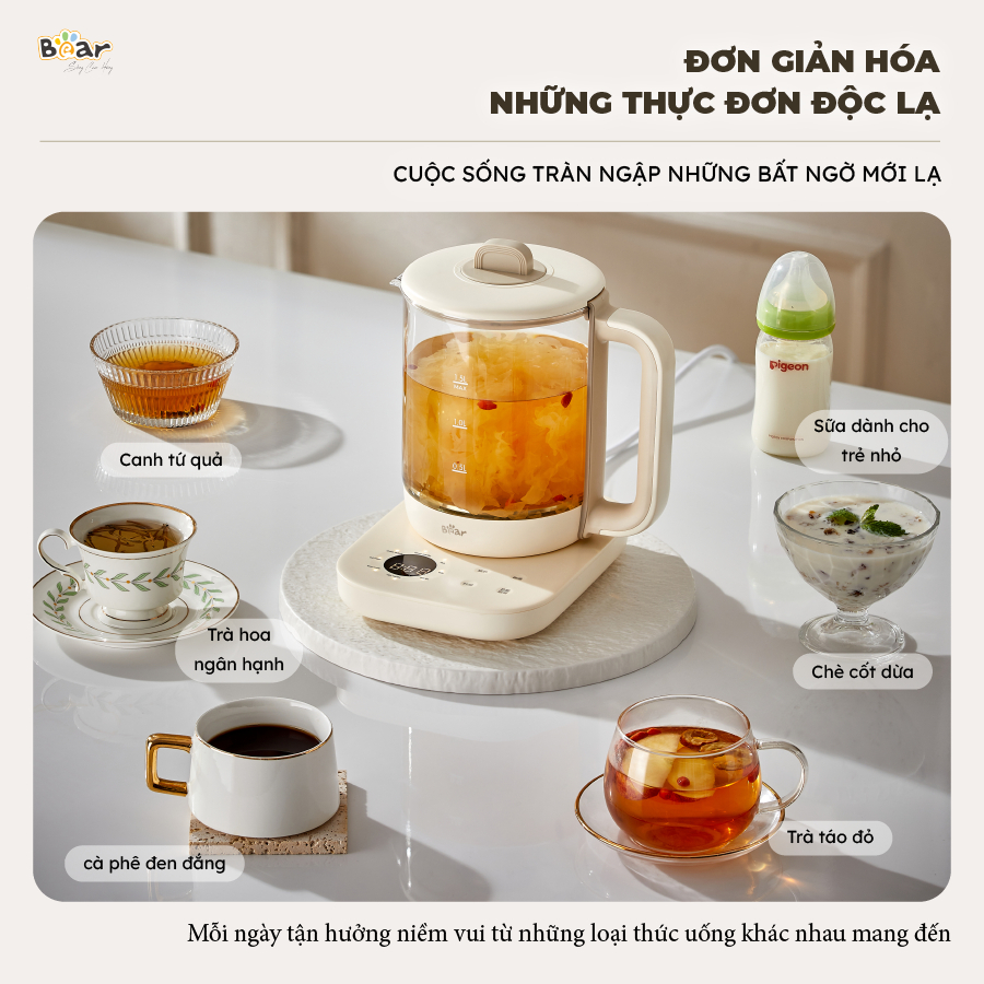 Bình pha trà Bear SB-PT15K, đun nước giữ nhiệt hẹn giờ, ủ và đun sôi trà, 8 chức năng, lưới lọc inox, thủy tinh cao cấp