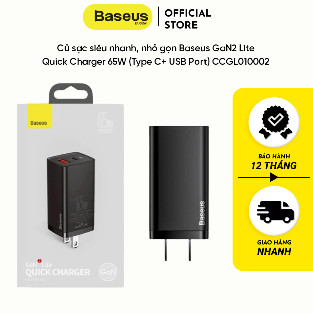 Củ sạc siêu nhanh, nhỏ gọn Baseus GaN2 Lite Quick Charger 65W (Type C+ USB Port) CCGL010002