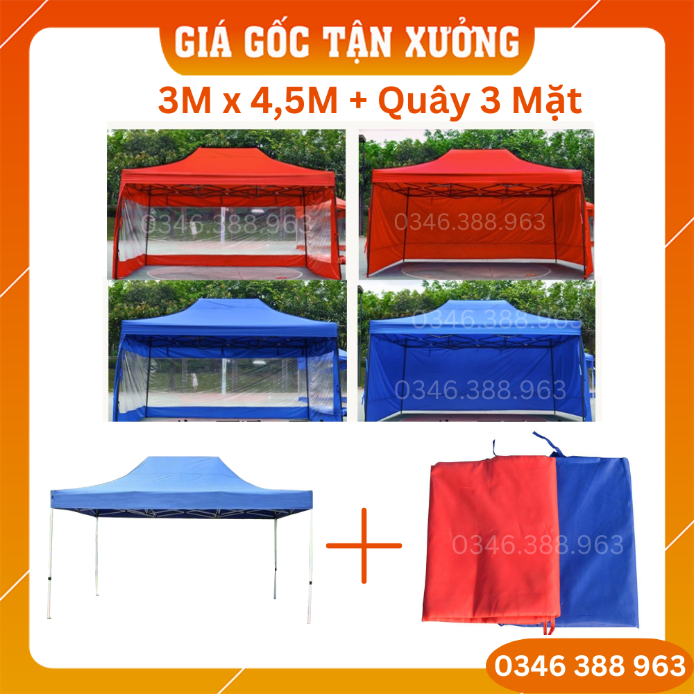 Nhà Bạt Di Động Đa Năng 3M X 4,5M Có Bạt Che 3 Mặt Che Nắng, Che Mưa Ngoài Trời, Che Nắng, Che Mưa