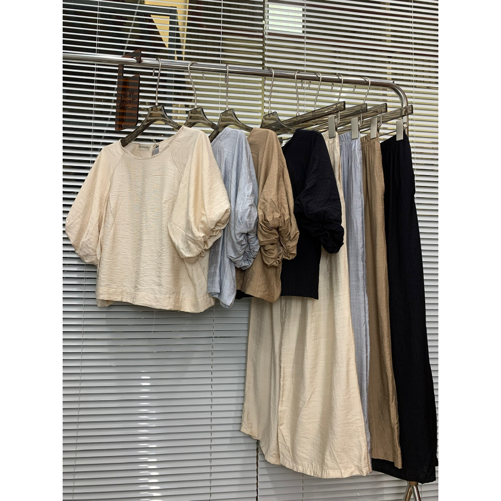 Set áo tay bồng lỡ cổ tròn chất tơ đũi 29feb.closet kèm quần ống suông dài xinh nhẹ nhàng - S114