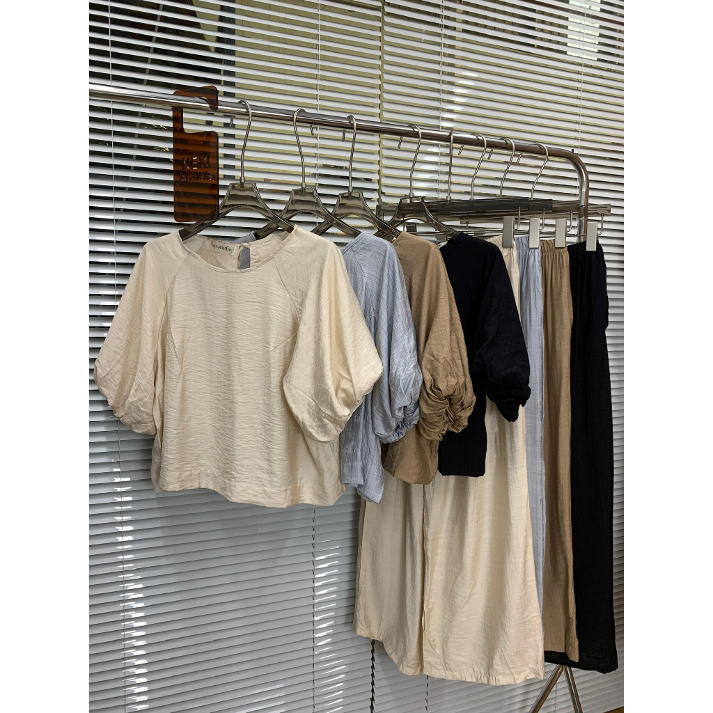 Set áo tay bồng lỡ cổ tròn chất tơ đũi 29feb.closet kèm quần ống suông dài xinh nhẹ nhàng - S114