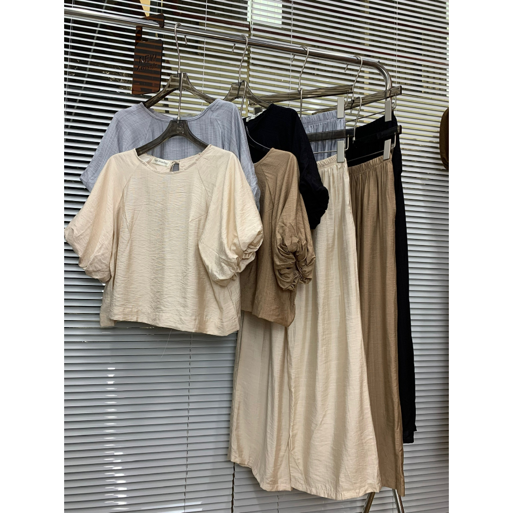 Set áo tay bồng lỡ cổ tròn chất tơ đũi 29feb.closet kèm quần ống suông dài xinh nhẹ nhàng - S114