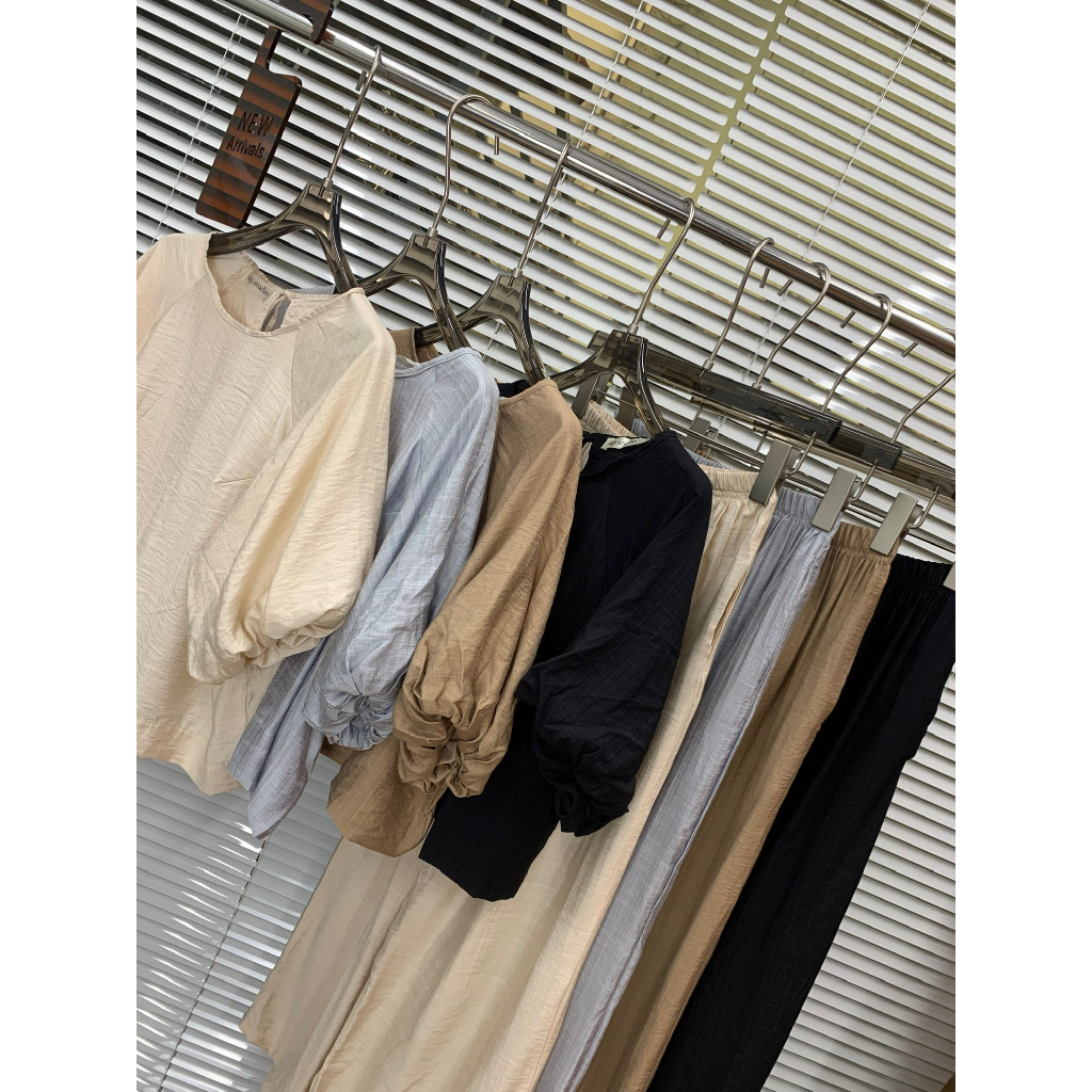 Set áo tay bồng lỡ cổ tròn chất tơ đũi 29feb.closet kèm quần ống suông dài xinh nhẹ nhàng - S114