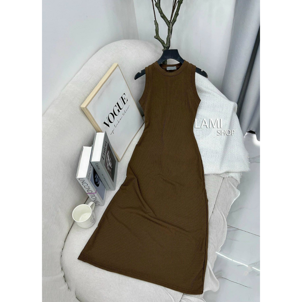 Đầm body, thời trang nữ dự tiệc chất thun gân cổ tròn không tay dáng váy dài ôm body maxi phong cách