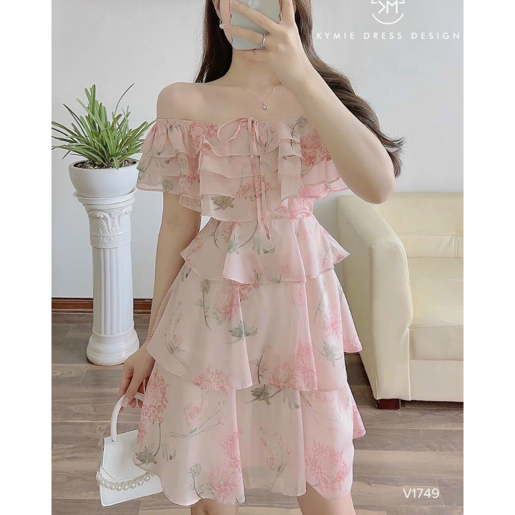 Đầm trễ vai phối bèo ngực thời trang nữ dự tiệc chất lụa 100D In hoa dáng váy dài xoè nhiều tầng phong cách