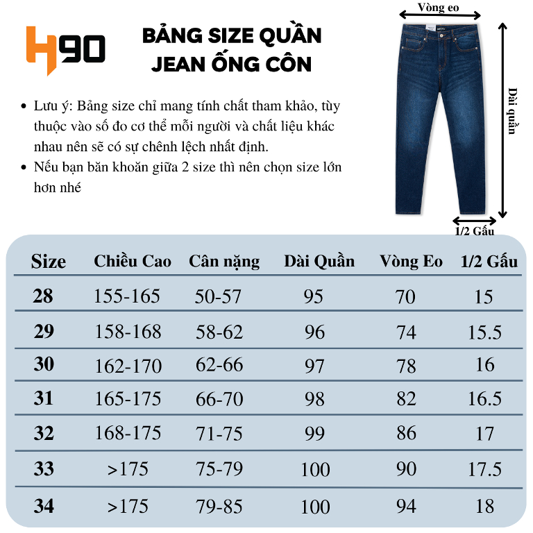 Quần Jean Nam H90, Ống Côn Dáng Ôm Slimfit, Chất Bò Co Giãn Vận Động Thoải Mái, Vải Mềm Mịn, Bền Màu MTRJ010