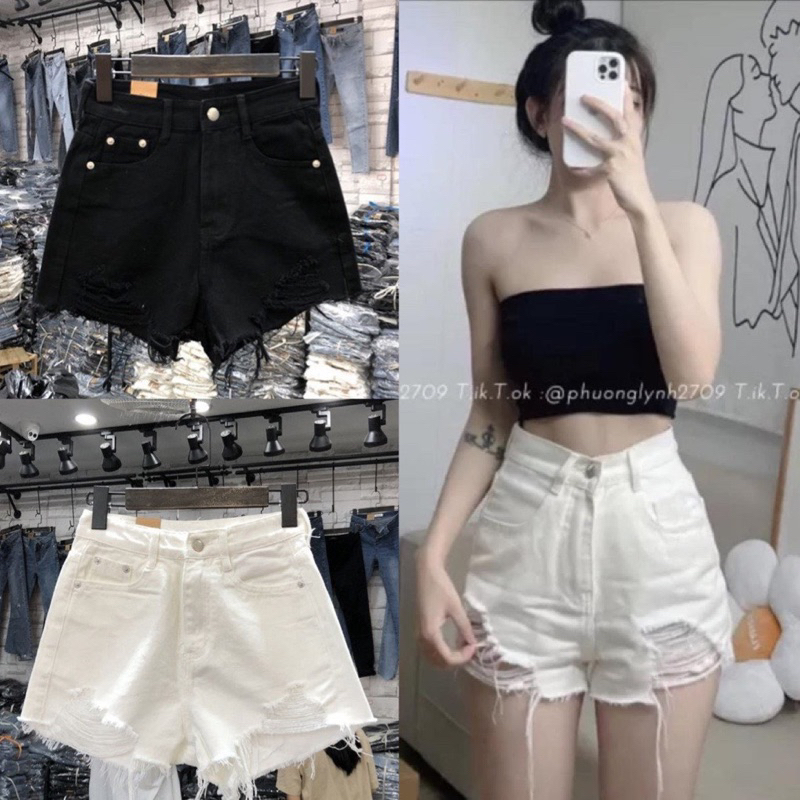 Quần sooc jeans rách gấu lưng cao chất bò đẹp hàng loại 1