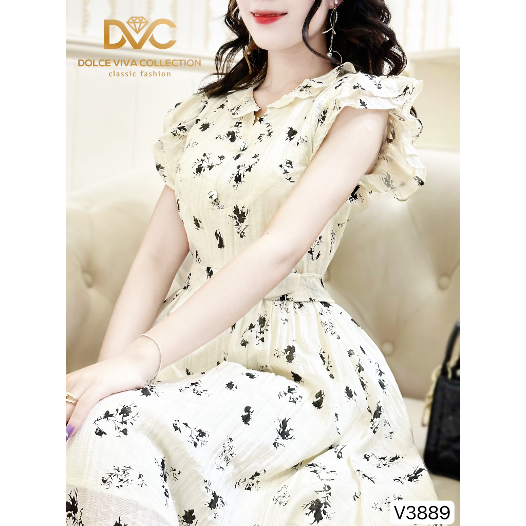 VÁY HOA NHÍ, VÁY NỮ DÁNG DÀI MẶC ĐI CHƠI, ĐI LÀM TRẮNG HOẠ TIẾT HOA ĐEN KÈM ĐAI V3889 - DVC