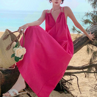 Đầm hoa hồng đỏ mùa hè tiệc trà phong cách Pháp dáng suông dây buộc không tay bên bờ biển
