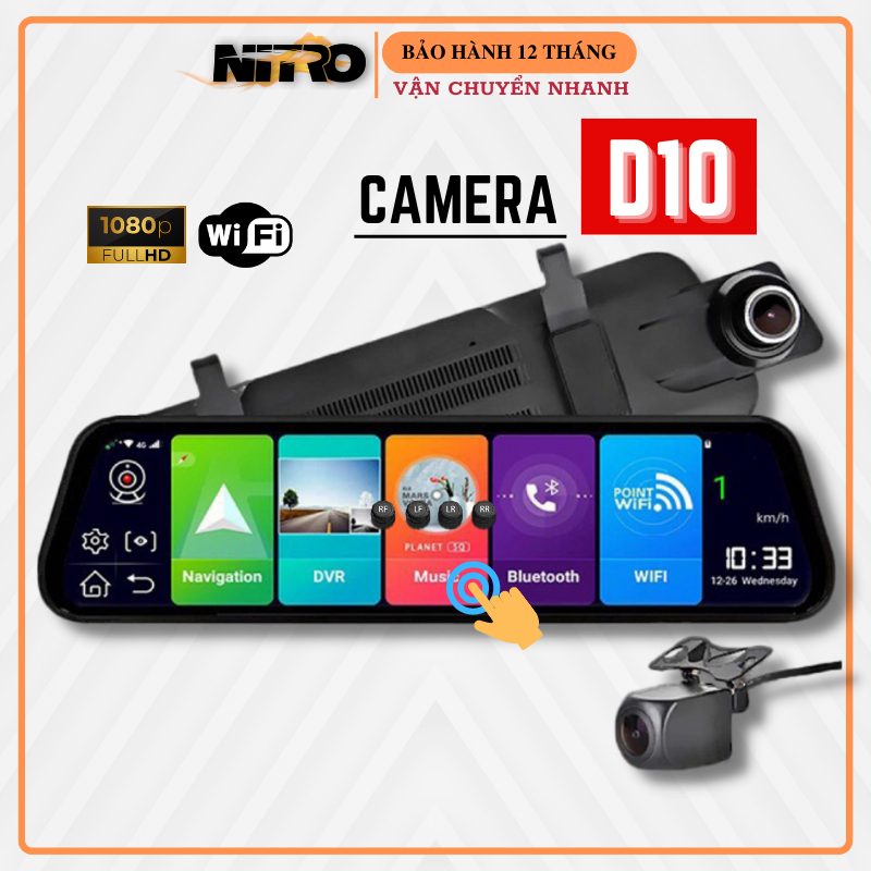 Camera hành trình ô tô D10, cam hành trình gương 10inch FullHD, tích hợp cam lùi, có cảnh báo giao thông BH 12T