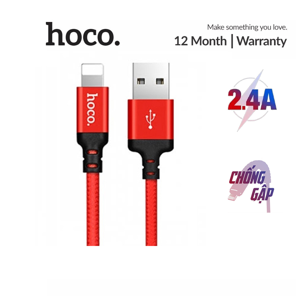 Cáp sạc 2.4A cho X/11/12/13 Hoco X14 dây dù siêu bền chống gãy gập dài 1M/2M