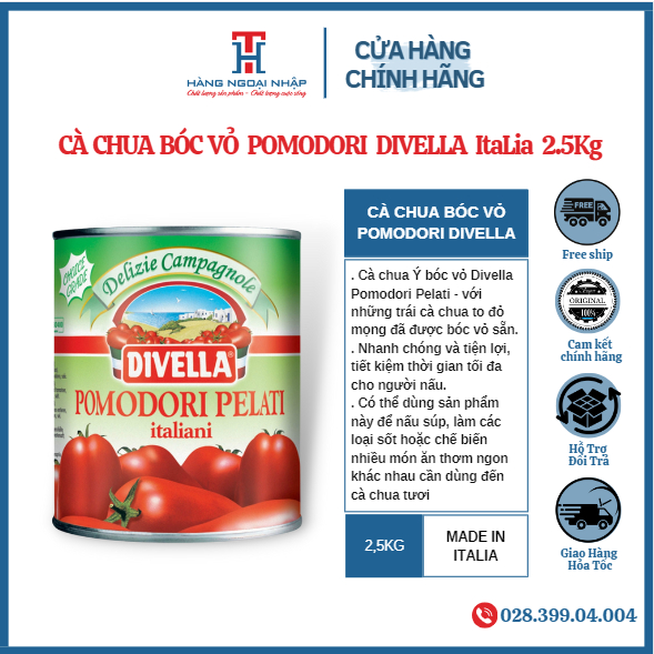 Cà Chua Lột Vỏ Nguyên Trái Divella 2,5Kg [Nhập Khẩu Ý]