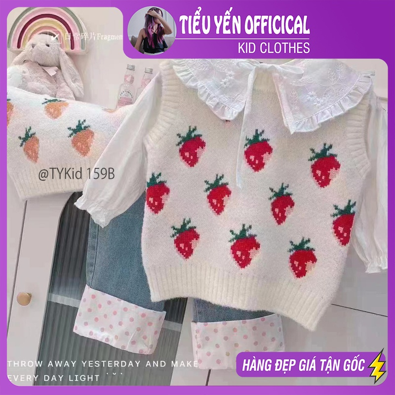 Áo gile len cho bé, Áo gile len bé gái họa tiết dâu tây 2 màu cho bé 9-25kg A159 | Tiểu Yến KID