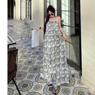 Váy Maxi Nữ Hoa Yếm Dây Buộc Điều Chỉnh Cổ Cài Hạt Gỗ Chun Lưng Đầm Nữ Maxi Dáng Xoè Rộng Freesize
