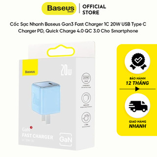 Cốc sạc nhanh baseus gan3 fast charger 1c 20w usb type c charger pd, quick charge 4.0 qc 3.0 cho smartphone