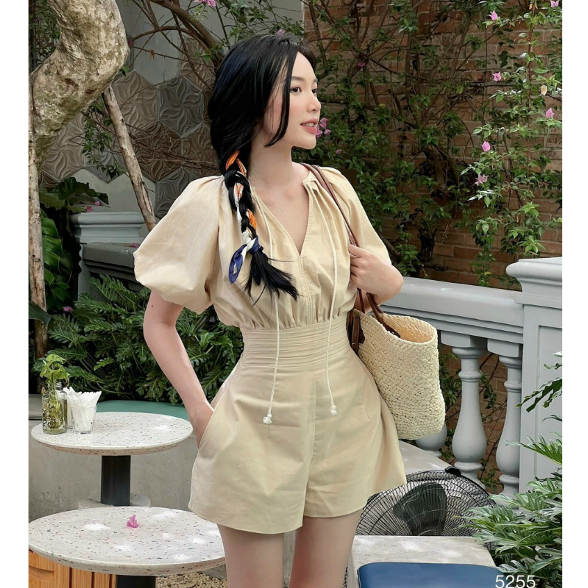 Jumsuit Nữ Ngắn Đi Biển, Thời Trang Nữ Lenin Áo Croptop Tay Phồng Quần Short Giả Chân Váy Xòe Hàng Thiết Kế Đi Chơi Tiệc