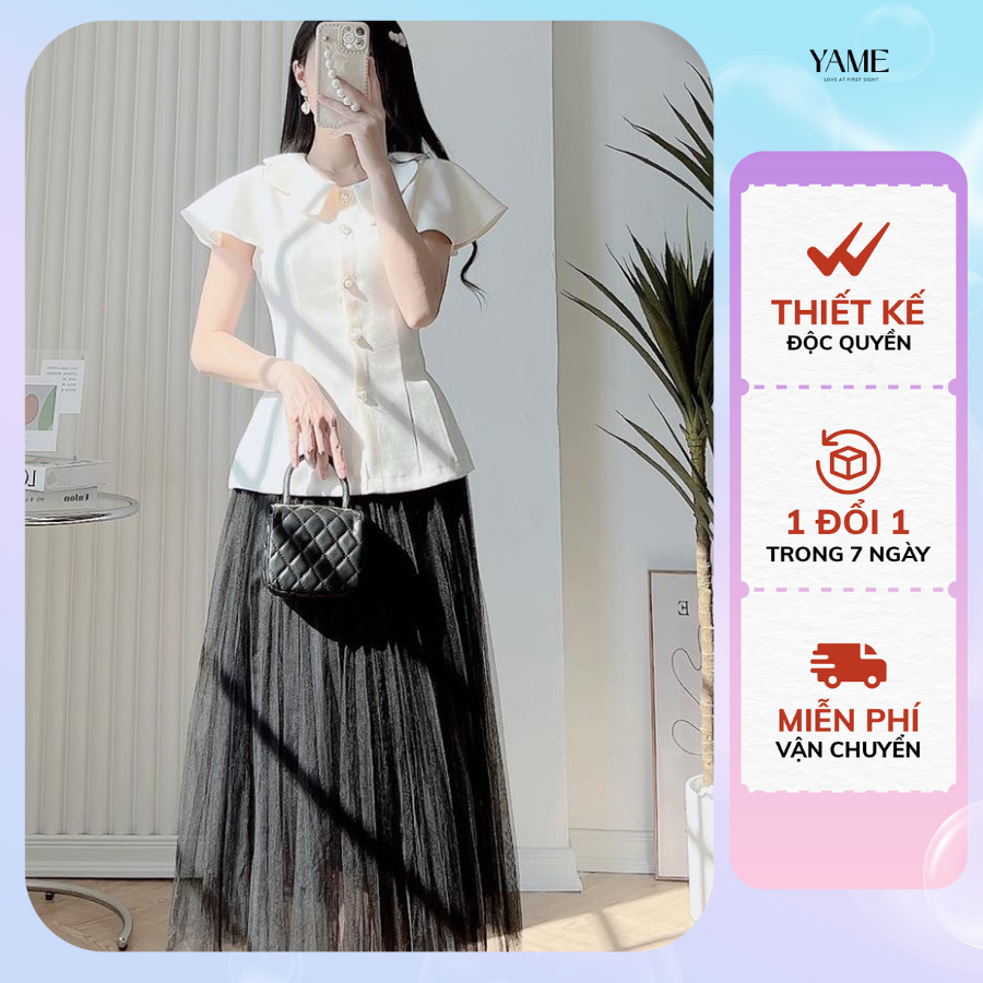 Set bán lẻ gồm áo be kiểu và chân váy đen ren YAME YA29