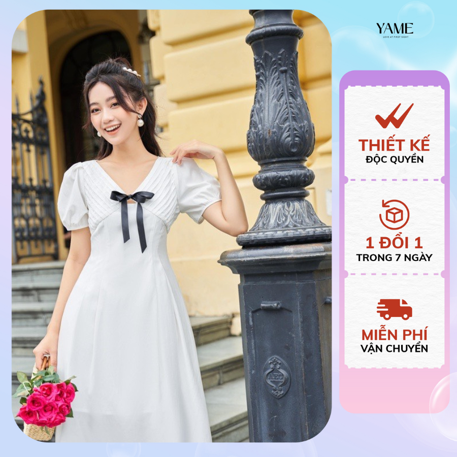 Váy trắng tiểu thư đi tiệc phối cổ nơ sang choảnh trắng li ngực đính nơ yv05 YAME
