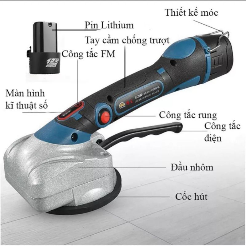 Máy rung hít gạch CAOWANG TP701, máy rung ốp lát gạch bằng pin dung lượng 12V thiết kế 6 cấp độ rung