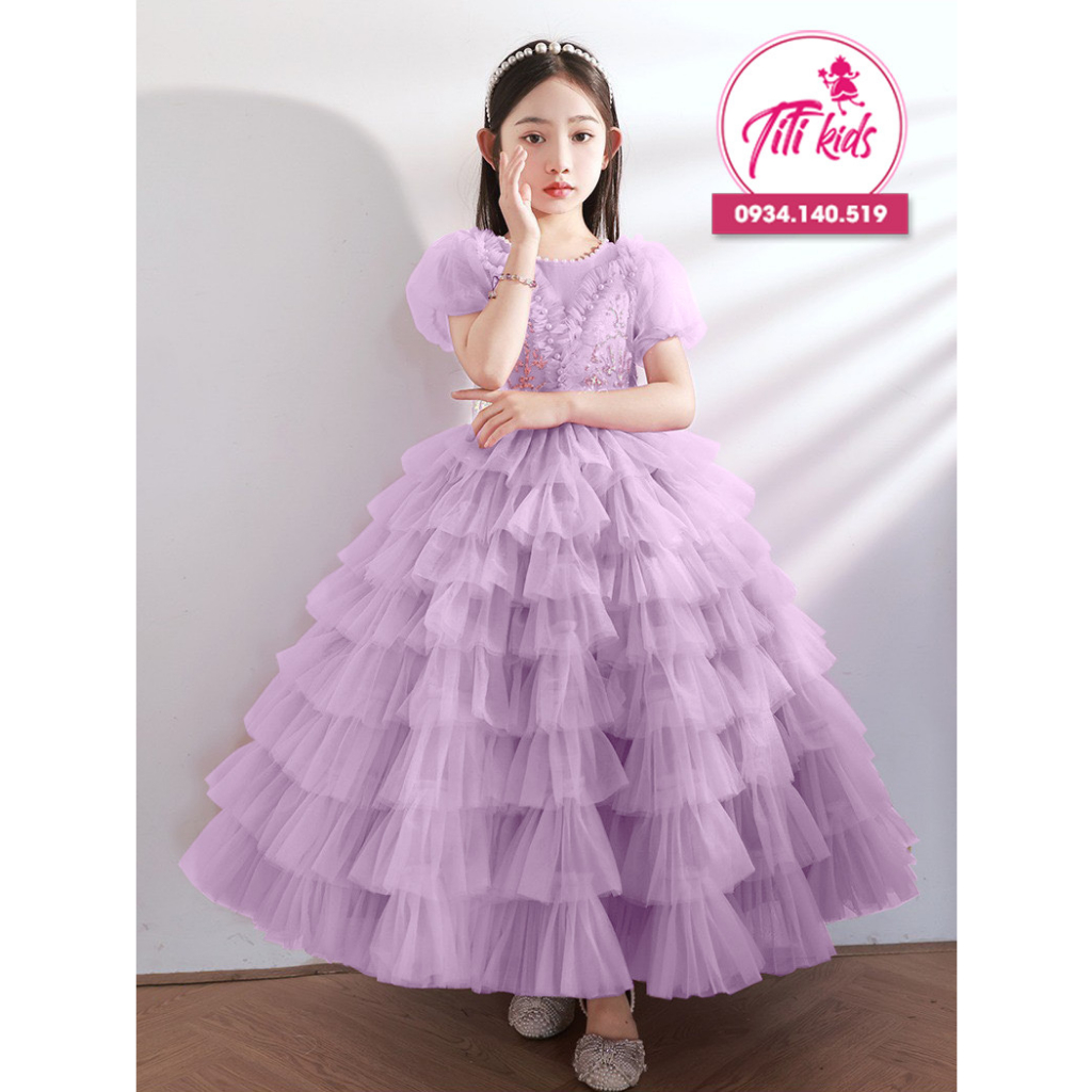 Đầm Váy Dự Tiệc Cho Bé Gái TiTiKids Đầm Tầng Thêu Hoa Tím CC252