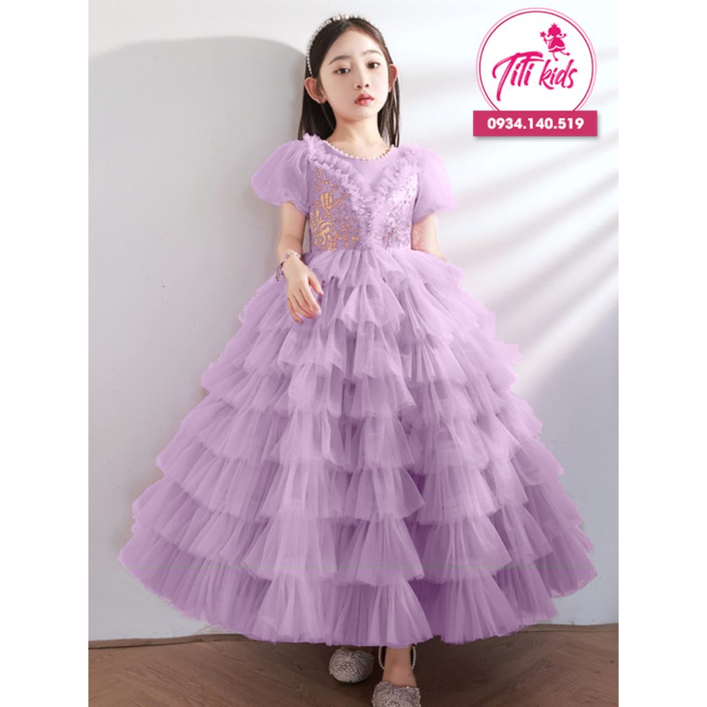 Đầm Váy Dự Tiệc Cho Bé Gái TiTiKids Đầm Tầng Thêu Hoa Tím CC252
