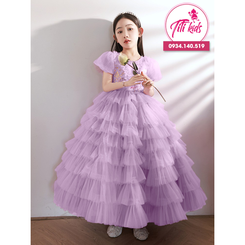 Đầm Váy Dự Tiệc Cho Bé Gái TiTiKids Đầm Tầng Thêu Hoa Tím CC252