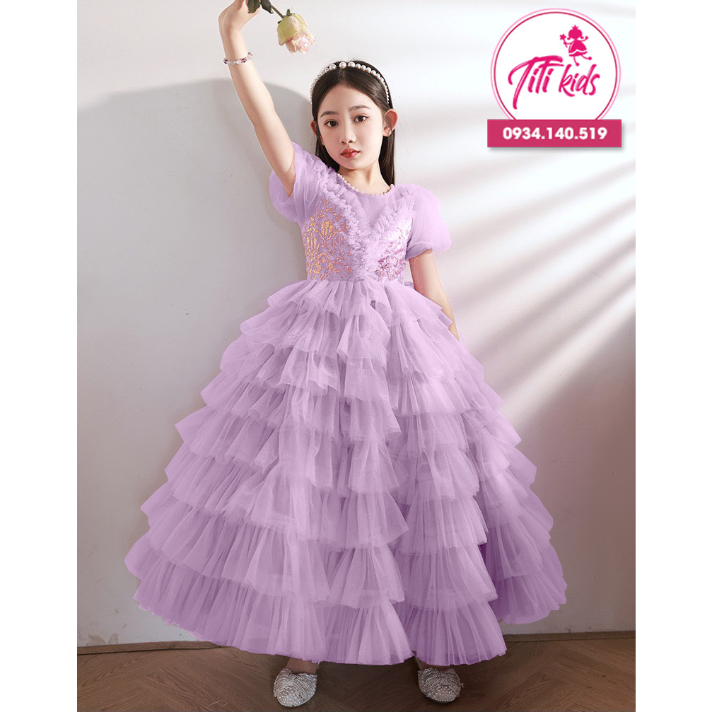 Đầm Váy Dự Tiệc Cho Bé Gái TiTiKids Đầm Tầng Thêu Hoa Tím CC252