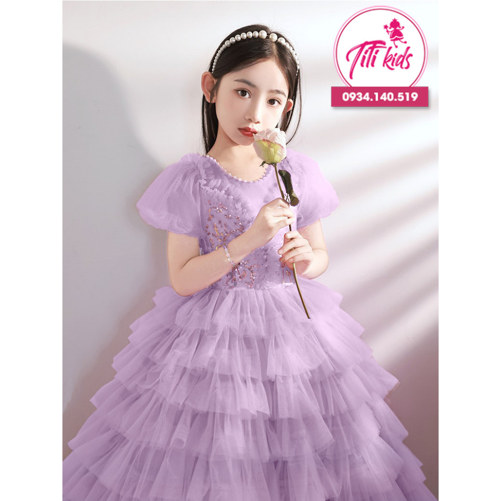 Đầm Váy Dự Tiệc Cho Bé Gái TiTiKids Đầm Tầng Thêu Hoa Tím CC252
