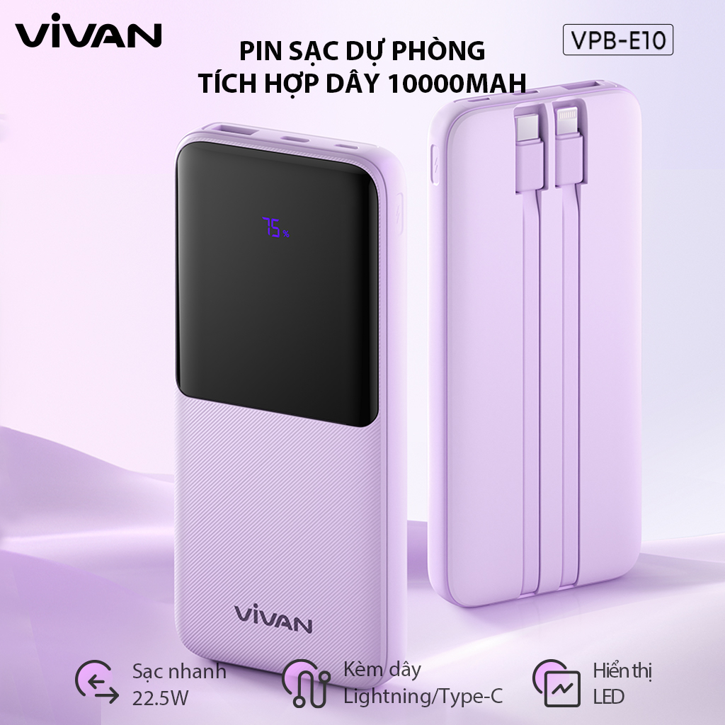 Pin Sạc Dự Phòng 10000mAh VIVAN VPB-E10 Tích Hợp Dây Sạc, 4 OUTPUT Công Suất 22.5W, Hỗ Trợ PD/ QC3.0/ VOOC