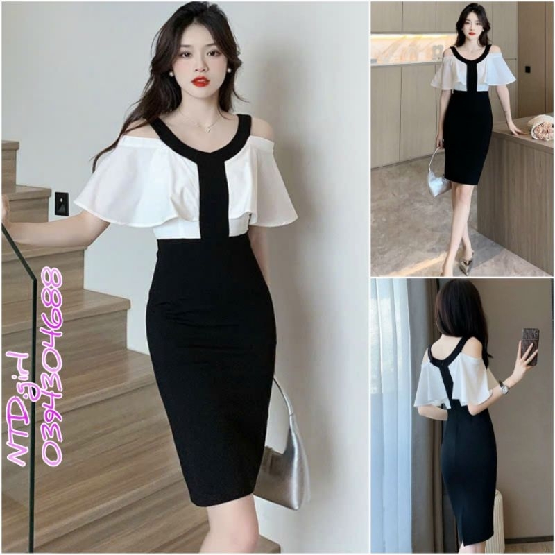 Hàng nhập - Đầm dáng ôm thun mịn đẹp phối màu trắng đen, váy body cánh tiên khuyết vai xinh xắn