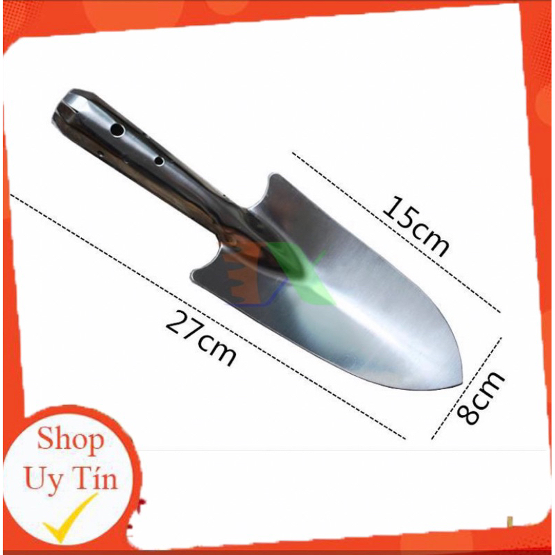 Xẻng làm vườn INOX, Xẻng thép trắng cầm tay CHỐNG GỈ, SIÊU BỀN