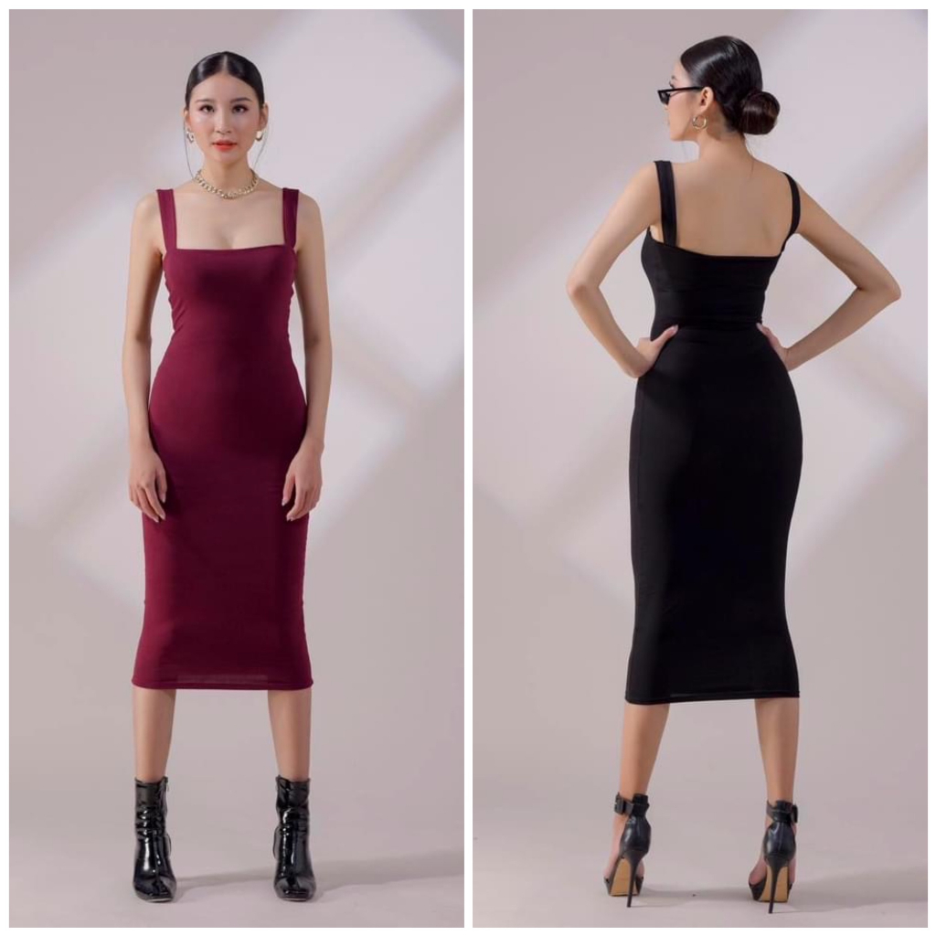 Đầm/Váy Ôm Body 2 Dây Bản To Dài Qua Gối Đỏ Đô The Butterfly