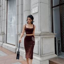 Set Áo Chân Váy Xoè O-Ring Thun Gân Tăm Màu Nâu The Butterfly