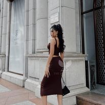 Set Áo Chân Váy Xoè O-Ring Thun Gân Tăm Màu Nâu The Butterfly