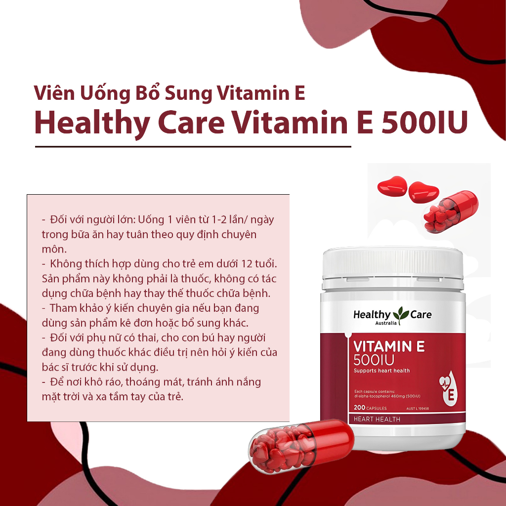 Viên uống bổ sung vitamin E Healthy Care 500IU 200 viên giúp đẹp da, dưỡng tóc