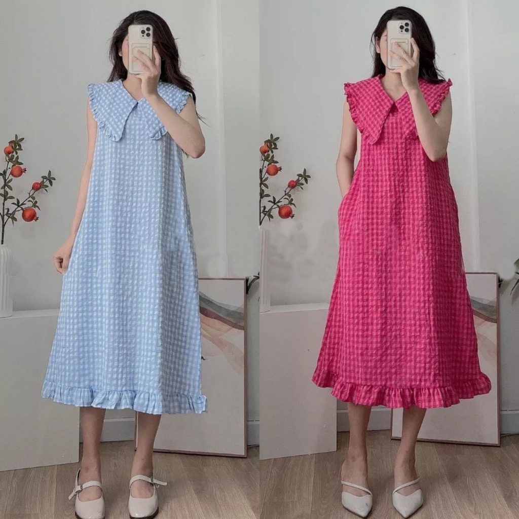 Váy suông kẻ caro sát nách cổ bèo 3 màu đi du lịch, chơi, đi biển đều xinh Có Kèm Ảnh Thật