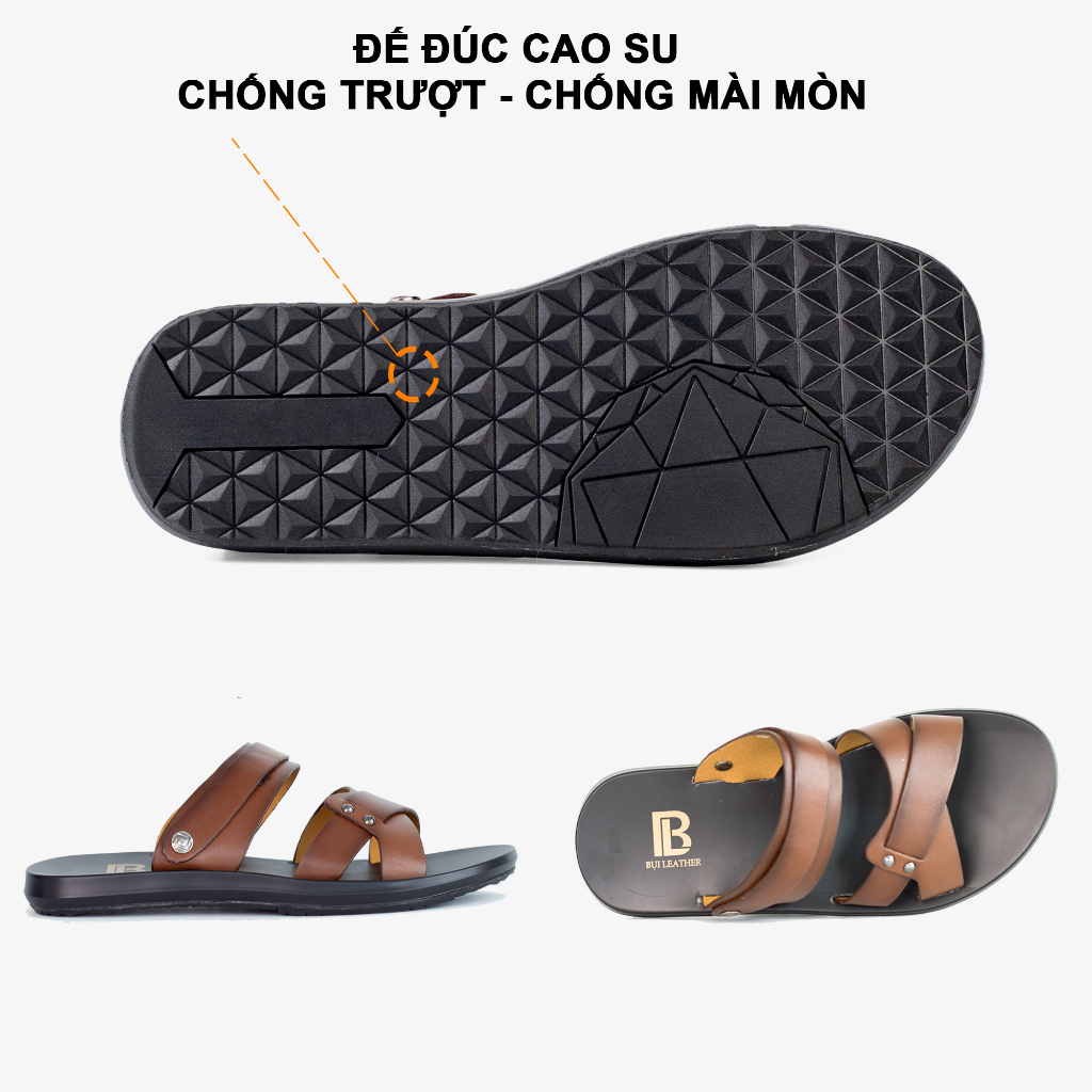 Dép nam quai ngang da bò Nappa cao cấp Bụi Leather E105, đế đúc nguyên khối đi êm chân, BH 12 Tháng.