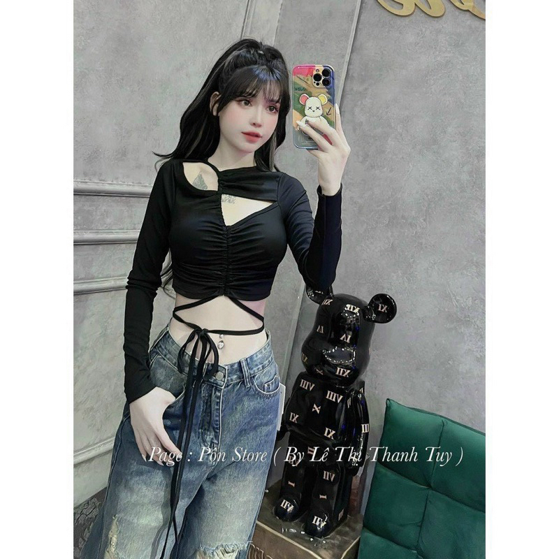 Áo thun dài tay dây quấn chéo eo, gomboutique77 Áo Croptop Khoét Đan Eo Tay dài 1oiii
